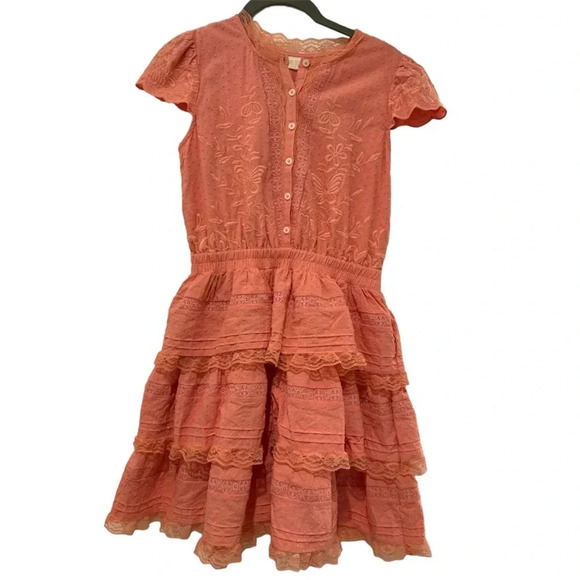 Marlo Girl’s Peach Ruffle and Lace Tiered Dress - Picture 1 of 11